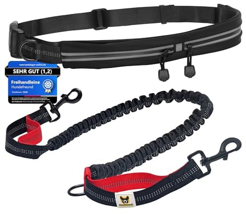 Hundefreund Joggingleine mit Bauchgurt Schwarz | Laufleine Elastisch Ruckdämpfend Reflektierend für Mittelgroße und Große Hunde bis 70 kg | Freie Hände zum Joggen Laufen Radfahren Wandern