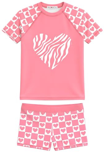 weVSwe Zweiteilig Kurzarm Badeanzug Mädchen UPF 50+ UV Schutz Bademode Kinder Schwimmanzug Pink Heart 7/8 Jahre