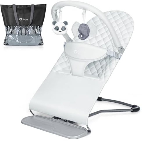 Orzbow Klappbar Babywippe, Tragbarkeit Baby Bouncer für Außenaktivitäten, Einstellbar Baby Wippe mit 3 Positionen, Einfach zu Lagern, Spielbogen & 2 Puppen Ausgestattet, 0-12 Monate, bis zu 9 Kg, Grau