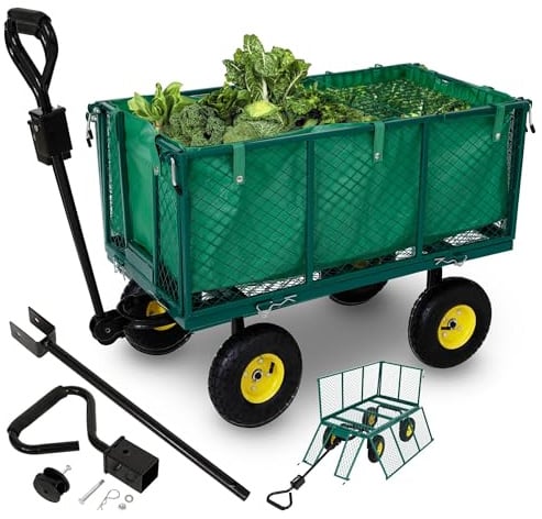 Arebos Bollerwagen | Gartenwagen | mit Profilreifen | 550kg belastbar | faltbar | grün | herausnehmbare Plane | kugelgelagerte Stahlfelgen | inkl. Handgriff & Deichsel | Plattformwagen