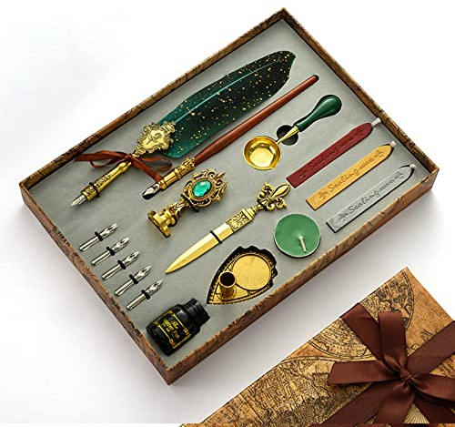 JasCherry Schreibfeder mit Tinte Set- Vintage Kalligrafie Stift mit Wachssiegel Stempel, Federkiel Set mit 1 Tinte & 5 Ersatzspitzen in Geschenkbox für Geburtstag, Weihnachten, Valentinstag