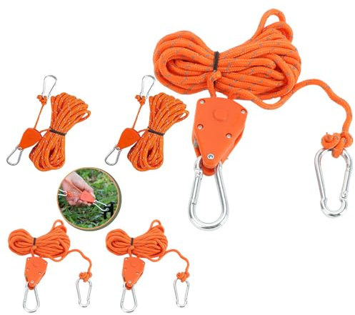 5 Stück 4m Winddichtes Outdoor Seil mit Ratsche 4mm für Sonnensegel | Abspannseile mit Seilspanner Verstellbarer Seil Ratsche,Einstellbare Ratchet Hanger Reflektierend Abspannseile
