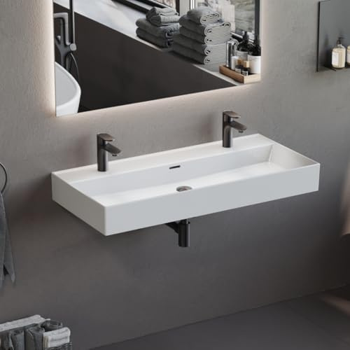 Aqua Bagno Doppelwaschtisch 100 cm weiß – modernes Doppelwaschbecken aus Keramik mit zwei Hahnlochbohrungen, rechteckiger Waschtisch fürs Badezimmer, pflegeleicht, robust und zur Wandmontage geeignet