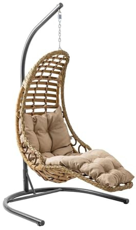 Alveon Hängesessel mit Gestell & Kissen mit Schutzhülle Handgeflechtet Hängestuhl Rattan Hängematte Hängekorb Garten Balkonmöbel Hängeschaukel Bodrum (Hellbraun)