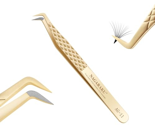 NAGARAKU Faserspitze Volumenpinzette Gebogene Wimpernverlängerungspinzette Professionelle Präzisionspinzette Edelstahl Antistatisch Rutschfester Gripp Pinzette für Mega Wimpernblüten (7 Shape AG-11)