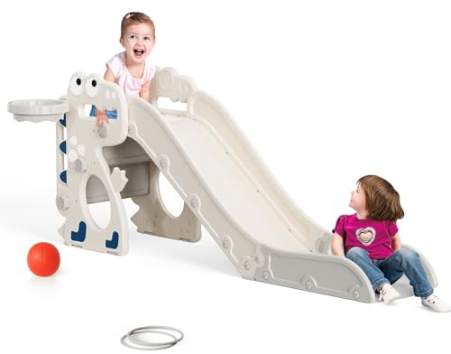 Kinderrutsche,3-in-1-Klapprutsche,mit Basketballkorb,Basketball, Ringwurfspiel,für 18-36 Monate,extra Lange Rutsche H650 x B330 x T1520 mm (beige-grau)
