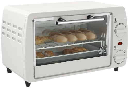 HOMCOM Mini Backofen 10 L 750W 100-230℃ 60 Min. Timer Pizza-Ofen Cremeweiß | Mit Backblech, Grillrost, Herausnehmbare Bodenschale