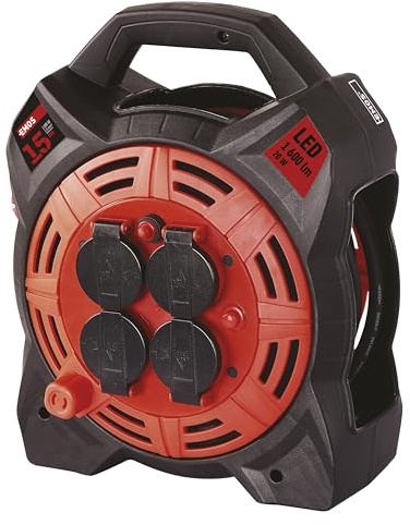 EMOS - Kabeltrommel 15m mit LED-Strahler - 4 Schuko-Steckdosen - wasserdicht, schlagfest, hitze- & kältebeständig - 230 V, 13 A, 3000 W - H07RN-F3G 1,5 mm2 - IP44 für Außenbereich