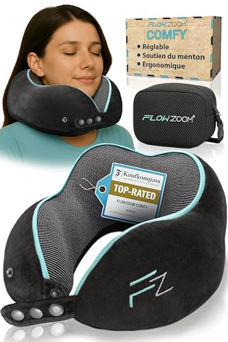 FLOWZOOM Comfy Nackenkissen für Flugzeug & Auto - Einstellbares Memoryschaum Nackenhörnchen mit flexiblen Druckknöpfen für 360° Stütze, atmungsaktiver waschbarer Bezug - inkl. Beutel - Schwarz