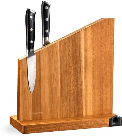 Gourmetop Messerblock Magnetisch mit Integriertem Schärfer, 100% Akazienholz Messerblock ohne Messer, Starker Doppelseitiger Magnetischer Messerhalter für die Küche, Helles Holz