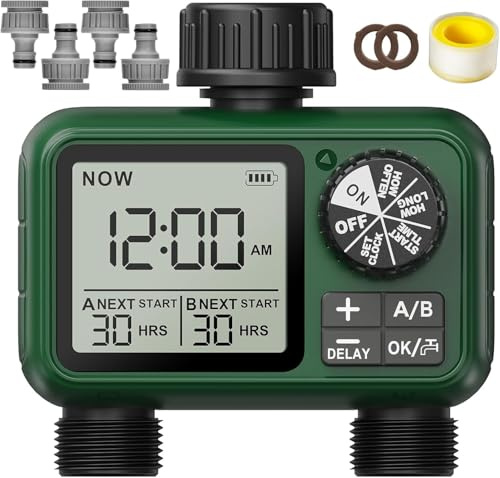 Bewässerungscomputer 2 Ausgänge, Großes LCD-Display Bewässerungsuhr, Automatische Bewässerung Zeitschaltuhr mit Regenverzögertem Manuellem Wasserhahn-Zeitschaltuhr für Garten Rasen