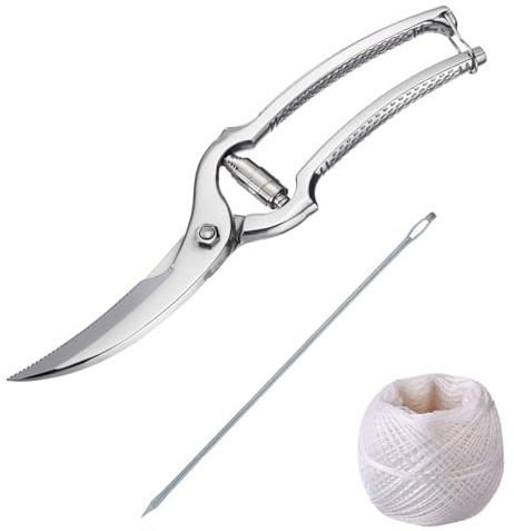 Westmark Set für Geflügel, 3tlg., 1 Geflügelschere mit Federmechanismus, 1 Dressiernadel + 1 Küchengarn 60m, Rostfreier Edelstahl/Polyester, Classic, Silber/Weiß, 137122E6