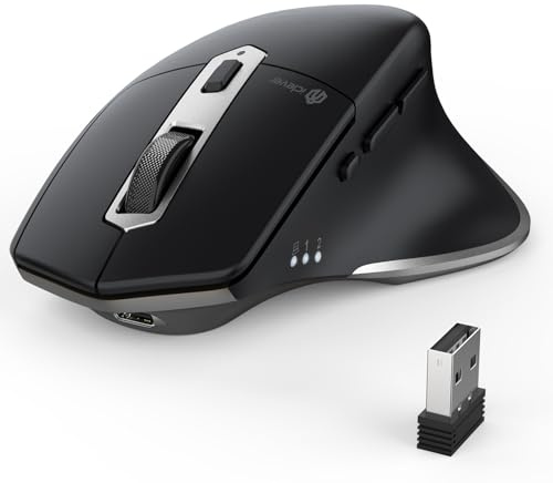 iClever MD172 Bluetooth Maus Kabellos, Ergonomische Maus, Silber/Schwarz | Bluetooth & 2,4 GHz Funkmaus mit Verbindung für 3 Geräte, Wiederaufladbar, Leise Klicks, für Laptop, PC, Mac