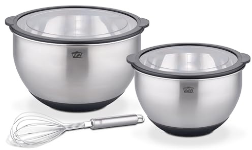 GSW Servierschüsselset Primo, Hochwertige Edelstahl Rühr- & Salatschüsseln mit Schneebesen, luftdichtem Deckel, Küchenschüssel & Servierschale, 20cm/24cm, Silber