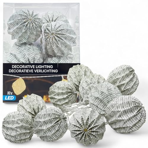 MIJOMA LED Lichterkette Boho-Papierlampions, 10 warmweiße LEDs, Timer 6h/18h, batteriebetrieben, Origami-Schirme, Deko für Wohnzimmer, Fenster & Party (Kugel – Olive-Grey Brush)