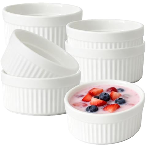 230ml Creme Brulee Schälchen 6 Stück, 10 × 4.8 cm Souffle Förmchen Backofenfest aus Keramik, Ofenfeste Förmchen, Creme Brulee Schalen für Desserts, Muffins, Pasteten, Weiß