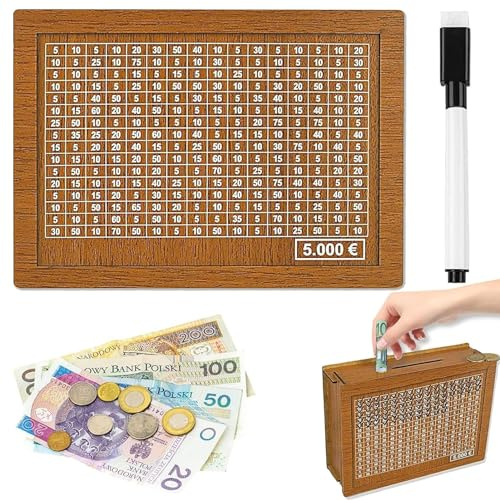 Spardose aus Holz, Retro Sparbüchse Aufbewahrungsbox, Sparbox, Spardose Sparziel, Sparschwein mit Marker, Wiederverwendbare Spardose mit Sparziel und Zahlen zum ankreuzen