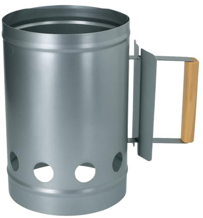 Alpina Holzkohle Starter Ø16 cm x 27 cm - Grillanzünder aus Metall mit Holzgriff - Anzündkamin für BBQ - Schnell und Einfach - Metallgrau