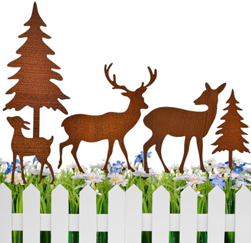 Zuxbolf 5 Stück Gartenstecker Weihnachtsdeko Roststecker Gartenstecker Deko Rehe und Hirsche mit Tannen Weihnachten Gartendeko Outdoor Baumstecker Weihnachten Deko zum Basteln Rost Deko für Draußen