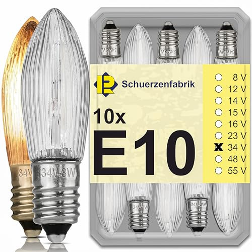 Schuerzenfabrik 10x Spitzkerze E10 34V 3W Ersatzbirnen 2700K Glühbirnen Topkerze für Lichterkette und Schwippbögen