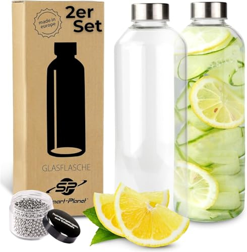 Smart-Planet 2er SET hochwertige Trinkflaschen aus Glas - Glasflasche aus Borosilikat Glas - 1L Glastrinkflasche mit Metalldeckel in Edelstahloptik - mit Reinigungskugel für hartnäckigen Schmutz
