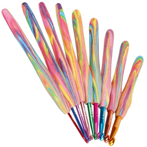 Coopay Häkelnadel Set Regenbogen, 2,0-6,0mm Häkelnadeln Set mit Bunt Griff, 9 Stk Häkelnadeln für Anfänger und Erwachsene, Leichte Häkelnadel Ergonomische für Arthritische Hände, Häkeln Geschenk