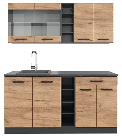 Vicco Singleküche R-Line, Goldkraft Eiche/Anthrazit, 160 cm, AP Anthrazit, zur individuellen Erweiterung mit zusätzlichen Modulen geeignet