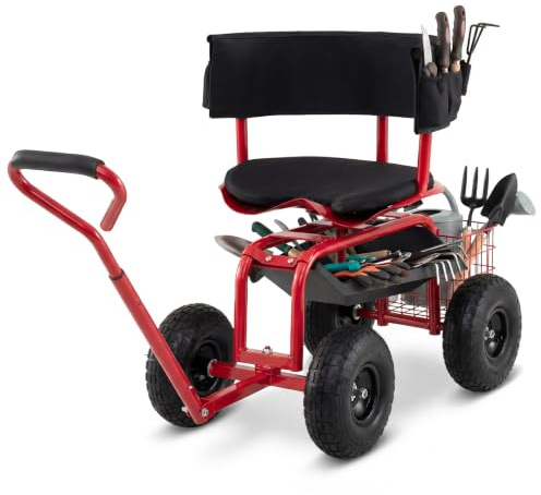 COSTWAY Gartenwagen mit Rollsitz & ausziehbarem Griff, Mobiler Gartensitz mit Ablage & Korb & Werkzeugtasche & Sitzkissen, 360 ° drehbar | höhenverstellbar, Lenkbarer Gartenhocker bis 135 kg (Rot)
