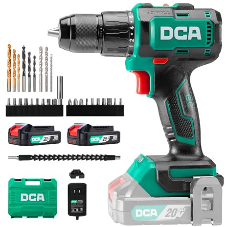 DCA 20V Bürstenloser Akku-Schlagbohrschrauber, 55Nm max. Drehmoment, 13mm Metallbohrfutter, 18+1+1 Drehmomenteinstellungen (0–450 / 0–1800 U/min), Kompaktes Design mit 2*2,0Ah Akku Ladegerät ADJZ2055i