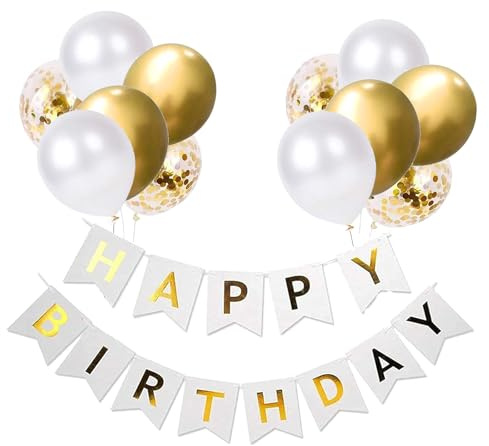 Luftballons Geburtstag Dekoration Set, weiße Gold Geburtstagsdeko Happy Birthday deko Banner Party Deko Geburtstag Set mit weiße Gold Luftballons Konfetti Ballons（WH+G)