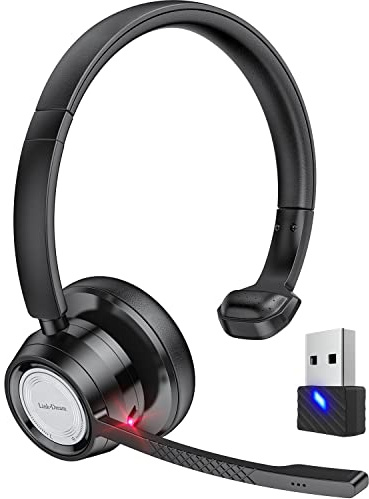 Link Dream Bluetooth Headset mit Mikrofon & USB Dongle - Wireless mit Geräuschunterdrückung & 20 Stunden-Sprechzeit, Mic Mute EIN Standard für Call-Center, Zoom, Teams, Skype und vieles mehr