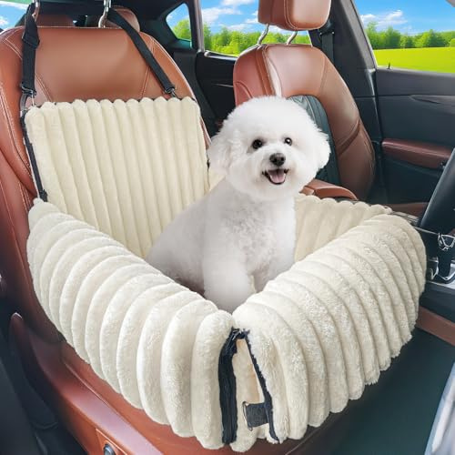 MIXJOY Hunde Autositz für kleine bis mittlere Hunde, Waschbarer Ansteckbare Leine verdickter Memory-Schaum-Füllung, Hundebett Auto für Rückbank Vordersitz, Beige