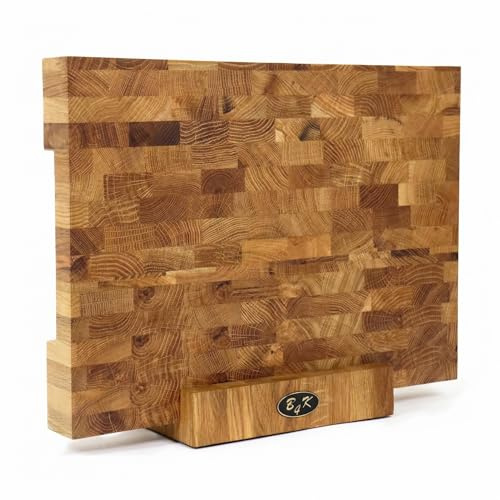 B4K Hackblock aus Eiche Stirnholz, Schneidebrett Holz 37×27×4,3 cm, geölt, Griffmulden, rutschfest mit Silikonfüßen, messerschonendes Stirnholzbrett, inkl. Ständer