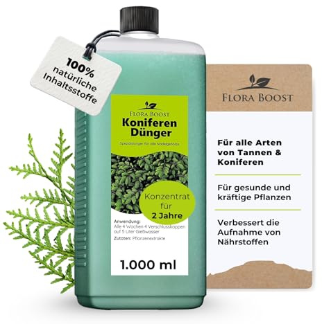 Flora Boost Koniferen Dünger 1L, Flüssigdünger für bis zu 200L Gießwasser | Dünger für Koniferen, Tannen & Thujen geeignet, 100% natürlicher Pflanzendünger, flüssiger Blatt- & Wurzeldünger
