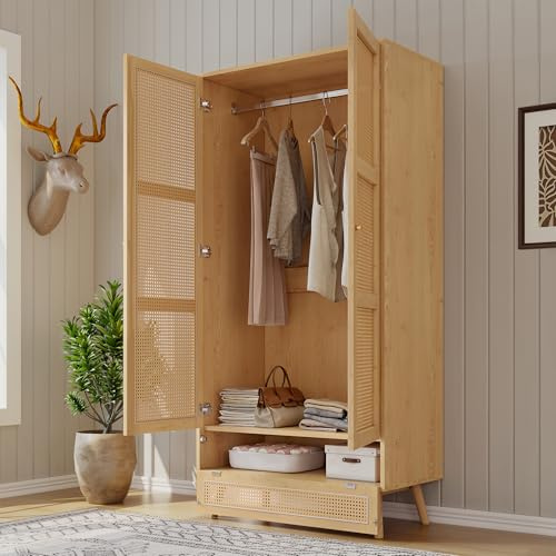 Gelukueub Kleiderschrank mit Stange, 2-türiger Kleiderschrank, Schlafzimmer, Rattannetz, Wohnzimmer, mit unterem Flip-Top-Deckel, Spanplatten+PE-Rattan, Natur