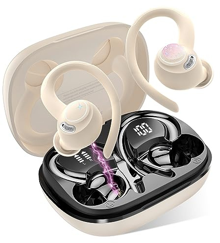 Bluetooth Kopfhörer Sport, in Ear Kopfhörer Kabellos Bluetooth 5.4 mit HD Mic, Herausragender Sound, 40 Std Spielzeit, Comfort Fit, Dual LED-Anzeige, IP7 Wasserdicht Ohrhörer mit Ohrhaken, Beige