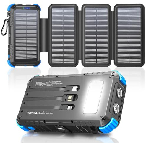 Solar Powerbank 26800mAh mit 4 Solarpanel, Powerbank USB C 15W Schnellladung 5 Ausgänge mit 3 Kabeln, Wasserdicht Outdoor Externer Akku mit Karabiner & Taschenlampen für Camping, Phones, Tablets