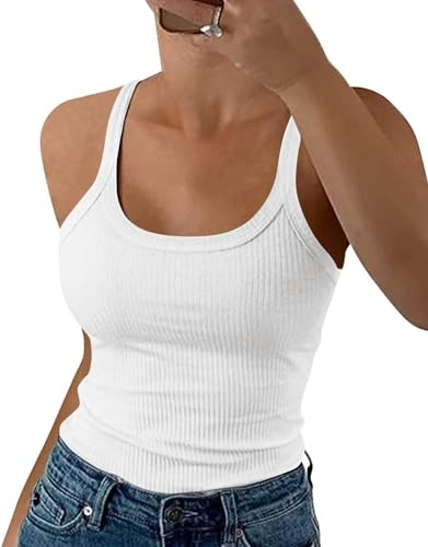 Wenrine Damen Spaghetti Tops Gerippt Camisole Slim Fit Tanktop | Sexy, U-Ausschnitt, Einfarbig, Basic Tank top, Ärmellos Sommer Oberteil, Elegant Träger-Tops