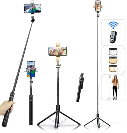 Selfie Stick Handy Stativ für Smartphone - ASHINER 180cm Hoher Handyhalter mit Fernbedienung und LED Fülllichtern für Reisen, Vlogging, Live-Streaming, Handyhalterung Kompatibel mit iPhone und Android