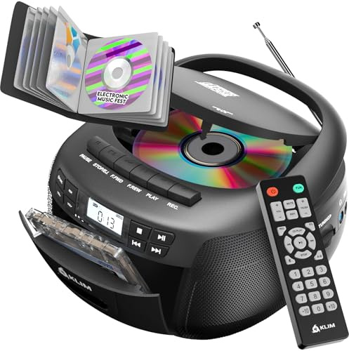 KLIM CD Player mit Kassette & Etui, Kassettenspieler, Kassettenrekorder, Bluetooth CD Player mit Radio & USB, AM/FM Radio, Netz- und Batteriebetrieb