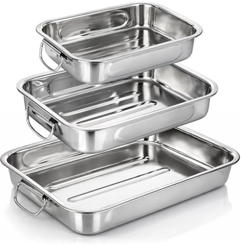 COM-FOUR® 3-teiliges Braten- und Backform-Set, Edelstahl Bräter | Auflaufform Edelstahl zum Kochen und Backen - Ofenform