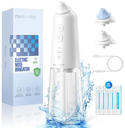 Medcodes Nasendusche Dual Powered Nasenspülung System & 30 Kochsalzpaketen | Nasenspülung und waschen, Nasenspüler für Nebenhöhlen & Allergie Linderung Wiederaufladbar, 2 Sets Nasenkissen