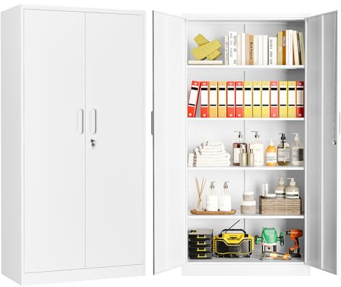 Aktenschrank Aufbewahrungsschrank mit Schloss Stahlschrank Stahlspind Mehrzweckschrank Metallschrank mit 2 Türen für Büro Haus Garage Fitnessstudio Schule 170X78X39cm Weiß
