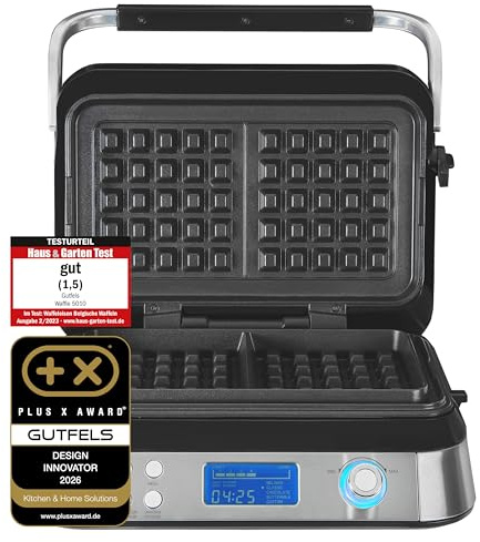 GUTFELS Waffeleisen belgische Waffel WAFFLE 5010-1600 Watt, LCD-Display, Timer, 5 Programme, Überhitzungsschutz, Überlaufschutz, Antihaftbeschichtung, Schwarz-Inox