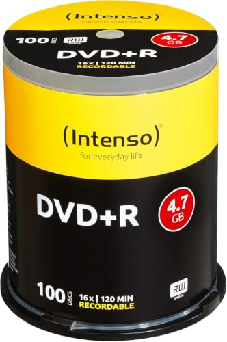 Intenso DVD+R 16x Speed 4,7GB (100er Spindel DVD+Rohlinge) | Speicherkapazität 4,7 GB für 120 Min Aufnahmezeit, beschreibbare 16x Discs in der 100 Stück Cakebox