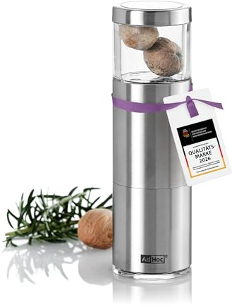 AdHoc PM87 Muskatmühle mit Edelstahlklinge | Muskatreibe für ganze Muskatnüsse | aromafrisch, präzise & sicher | hochwertige Design Gewürzmühle