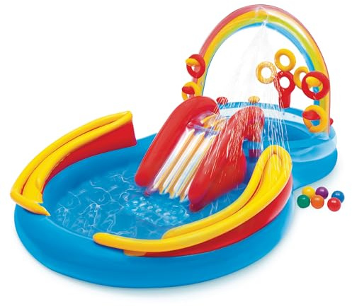 INTEX 'Rainbow Ring Play Center' Planschbecken für Kinder (57453NP) | Rutsche mit gepolsterter Landematte, Sprühfunktion für den Gartenschlauch, zwei Pools mit ca. 175 l und 206 l, bis 81 kg
