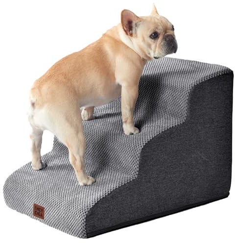 EHEYCIGA Hundetreppe für Kleine Hunde 40 cm Hoch, 3 Stufen, Grau | Gelenkschonende Haustiertreppe für Sofa & Bett, Hochdichter Schaumstoff, Rutschfester Boden, Abnehmbarer & Waschbarer Bezug