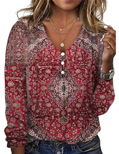 GRMLRPT Langarmshirts Damen Tops Langarm Frühlingblusen V-Ausschnitt T-Shirts Tunika Oberteile Bedruckte Bluse Elegant Lässige Hemd (Rot,M)