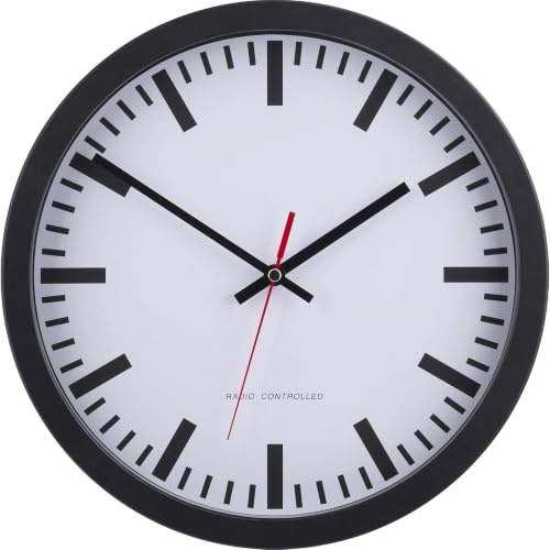 Eurotime Bahnhofsuhr Wanduhr Schwarz 30 cm - Funkwanduhr mit Echtglas | automatische Zeitumstellung, klares Zifferblatt, rote Sekunde, für Küche, Büro, Werkstatt
